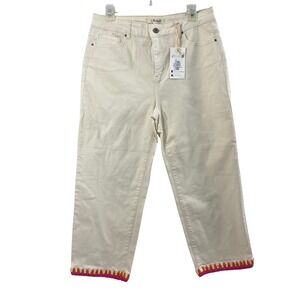 Charlie B Beige Jeans Women 12 Natural Denim High Rise Straight Leg Crochet Trim